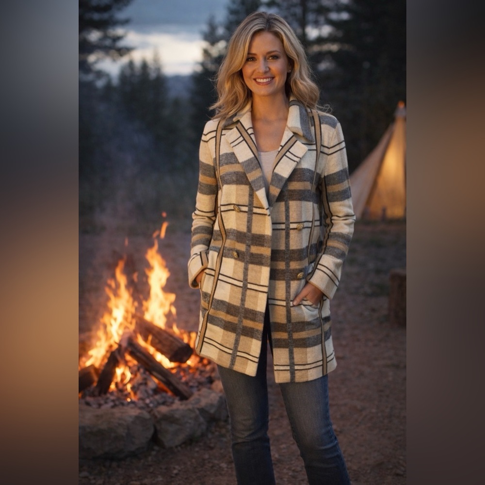 Anne Klein Sweater Jacket Coat M Plaid Camel Cream Black Washable